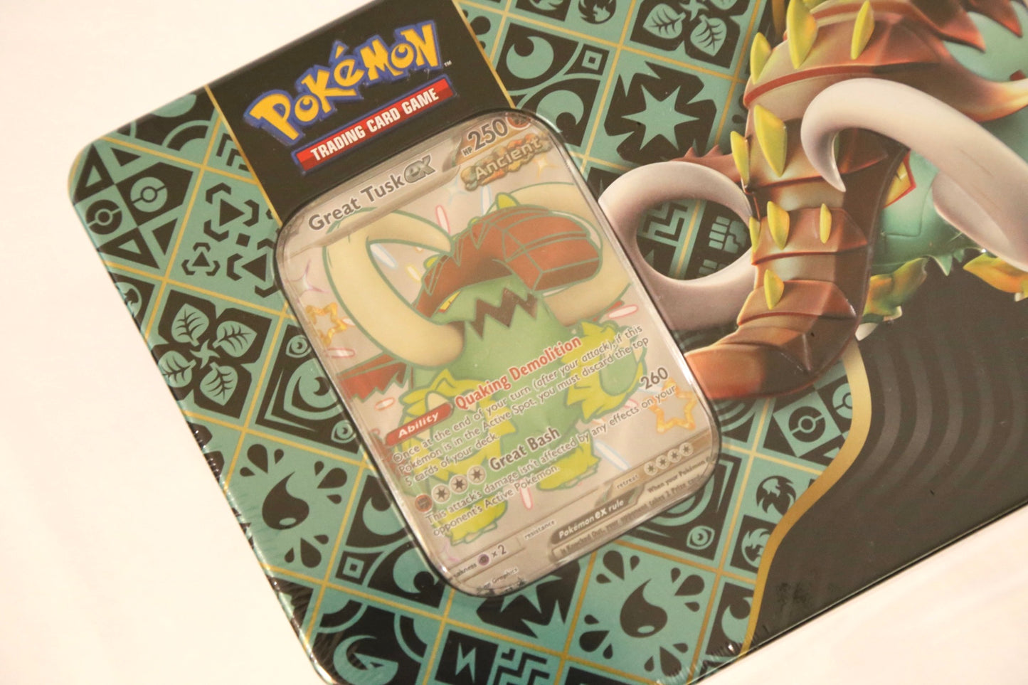 Pokemon TCG: Paldean Fates Tin – Great Tusk ex | Factory Sealed | 5 Booster Packs + Promo | SV PAF