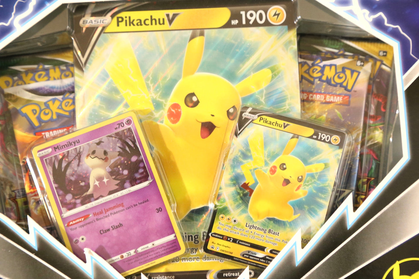 Pokemon TCG: Pikachu V Box | Factory Sealed | 4 Booster Packs + Pikachu & Mimikyu Promo Cards | 2× Evolving Skies
