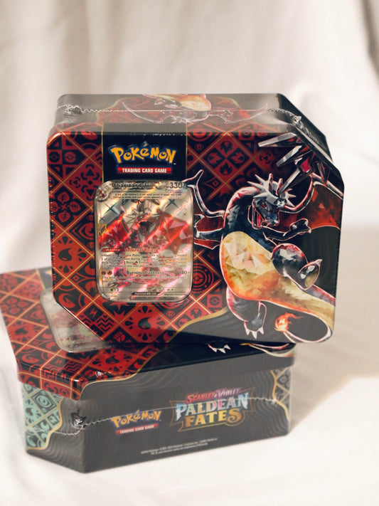 Pokemon TCG: Paldean Fates Tin – Charizard ex | SV Paldean Fates (PAF) | Factory Sealed | 5 Booster Packs